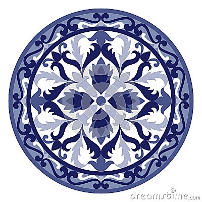 Vector Mosaic Classic Floral Blue and White Medallion Vector Illustration