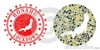Lockdown Scratched Seal and Viral Mosaic Subtracted Honshu Island Map in Khaki Army Color Hues Vector Illustration