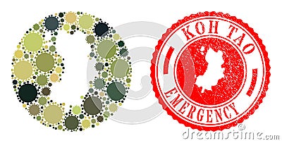 Emergency Scratched Stamp and Covid Infection Mosaic Inverted Koh Tao Map in Camo Army Colors Vector Illustration