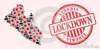CoronaVirus and Masked Men Mosaic Liberia Map and Lockdown Grunge Stamp Vector Illustration