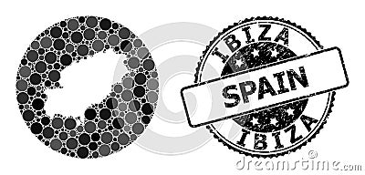 Mosaic Stencil Round Map of Ibiza Island and Rubber Stamp Vector Illustration