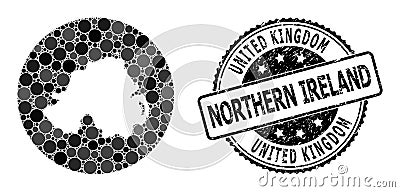 Mosaic Stencil Round Map of Northern Ireland and Grunge Stamp Vector Illustration