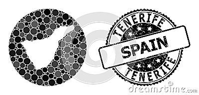 Mosaic Hole Round Map of Tenerife Island and Watermark Seal Vector Illustration