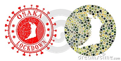 Lockdown Scratched Badge and Virus Mosaic Subtracted Osaka Prefecture Map in Khaki Military Colors Vector Illustration