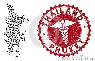 Mosaic Phuket Map with Distress Caduceus Watermark Vector Illustration