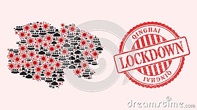 Covid Virus and Masked Men Mosaic Qinghai Province Map and Lockdown Watermark Seal Vector Illustration