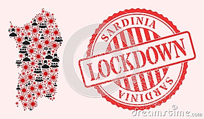 CoronaVirus and Masked Men Mosaic Sardinia Map and Lockdown Watermark Stamp Vector Illustration