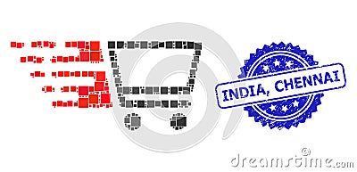 Distress India, Chennai Seal and Square Dot Mosaic Shopping Cart Vector Illustration