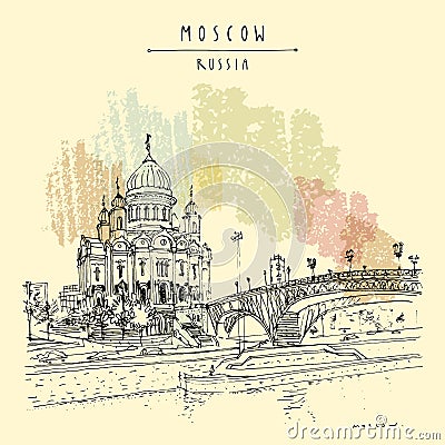 Vector Moscow postcard. Christ the Savior Cathedral and the Patriarchal bridge in Moscow, Russia. Artistic travel sketch. Vintage Cartoon Illustration