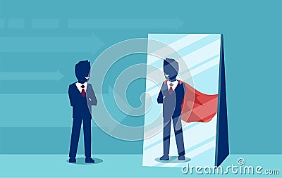 Vector of a motivated business man facing himself as a super hero in the mirror. Vector Illustration