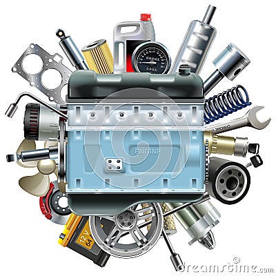 Vector Motor Engine with Car Spares Vector Illustration