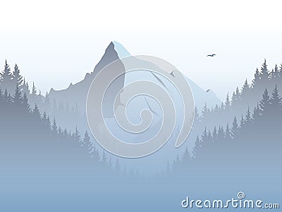 Vector mountain landscape illustration with high mountains peak in morning haze, fog, mist. Forest valley foreground. Vector Illustration