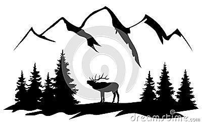 Vector Mountain landscape With an Elk. Vector Illustration