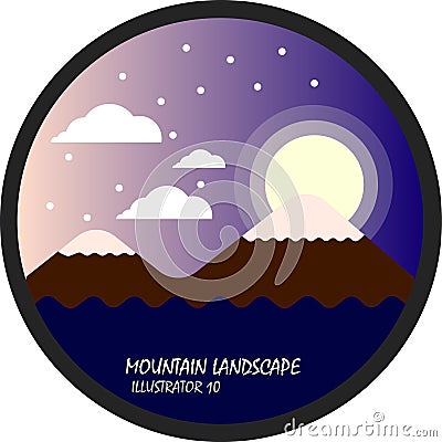 Mountain and moon night with cloud and snow, flat vector and illustration circle landscape Cartoon Illustration