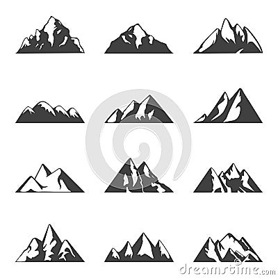 Vector mountain set. Simple black and white icons or design templates. Travel, hiking, camping theme. Vector Illustration