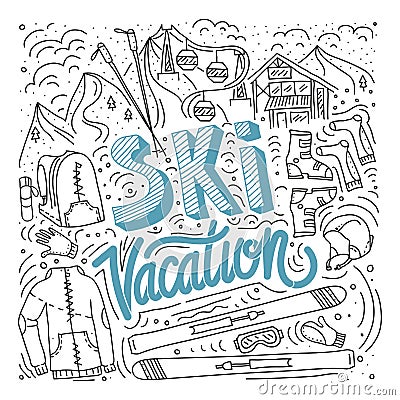 Vector mountain ski and sticks detailed on white background. Mountain skis and sticks sport equipment Vector Illustration