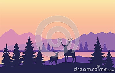 Vector Mountains Background with Deer Vector Illustration