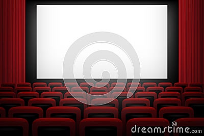 Vector movie theatre background with white screen red curtains and chairs. Vector Illustration