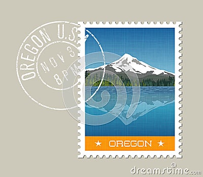 Vector of Mt. Hood behind lake with reflection. Oregon. Vector Illustration