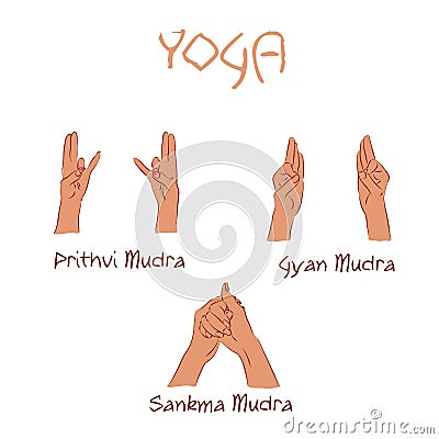 Vector mudras hands color isolated line fingers Vector Illustration