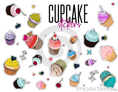 Vector multi colored bakery stickers. Food pin with muffins. Cartoon Cupcake set patch. Sweet dessert summer collection. Frosted b Vector Illustration