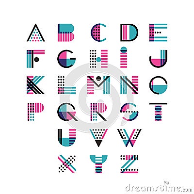 Vector multicolor geometric alphabet. Latin decorative font symbols and elements for logo design. Vector Illustration