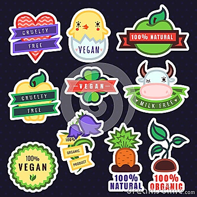 Vector multicolor vegan, cruelty free, natural and organic products stickers Vector Illustration