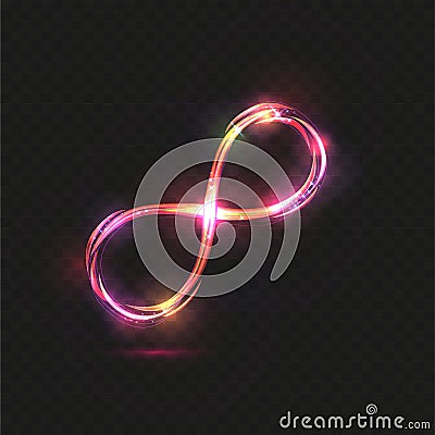 Vector multicolored yellow and pink transparent magic glowing light infinity sign swirl trail on black background. Angled neon Vector Illustration