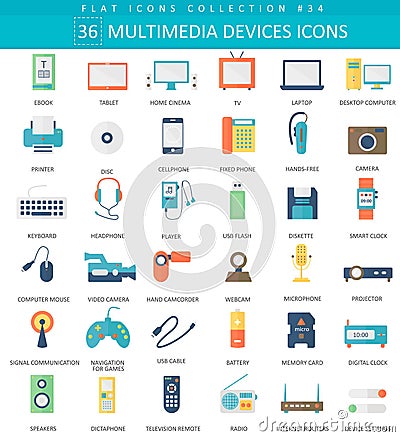 Vector Multimedia devices flat icon set. Elegant style design. Vector Illustration