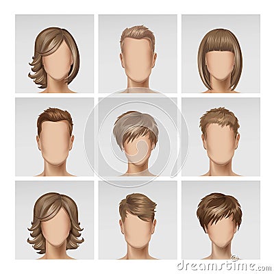 Vector Multinational Male Female Face Avatar Profile Heads with Multicolored Hairs Icon Picture Set Vector Illustration
