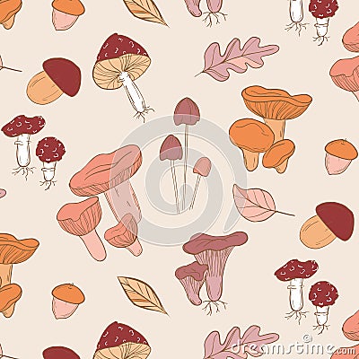 Vector mushrooms pattern. Modern brown orange pastel mushrooms line art. White mushroom, chanterelles, fly agarics Vector Illustration