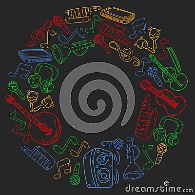 Vector music background with musical instruments. Rock, piano, guitar, jazz. Melody and microphone. Concert. Vector Illustration