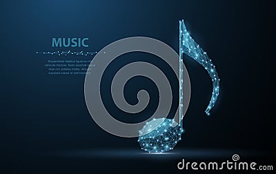 Vector music note. Abstract wire low poy quarter note illustration on dark blue background with stars. Vector Illustration