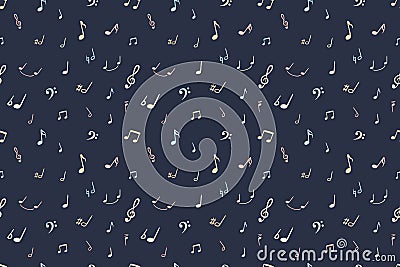 Vector Music Note Seamless Pattern, Dark Blue Background and Pastel Colors Symbols, Music School. Vector Illustration