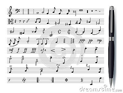Vector Music Notes, Pen Drawn Illustration, Musical Staff and Different Musical Symbols. Vector Illustration