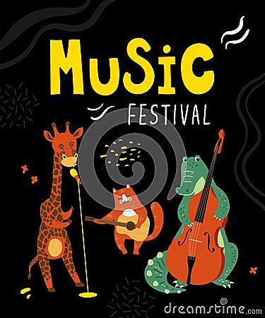 Vector music poster with animals musicians. Giraffe, cat and crocodile playing musical instruments. Vector Illustration