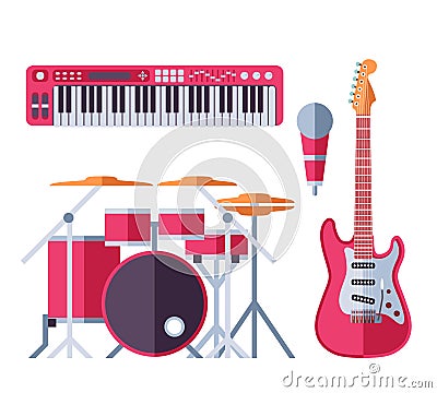 Vector musical instruments flat icons for music group Vector Illustration