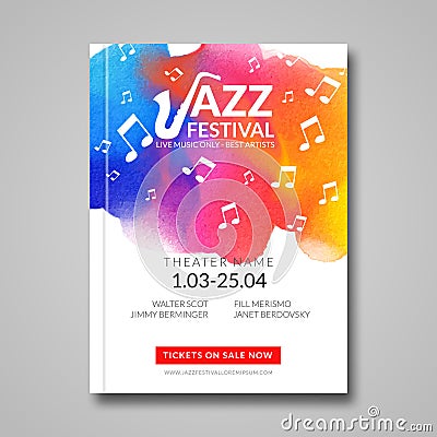 Vector musical poster design. Watercolor stain background. Jazz, rock style billboard template for card, brochure Vector Illustration