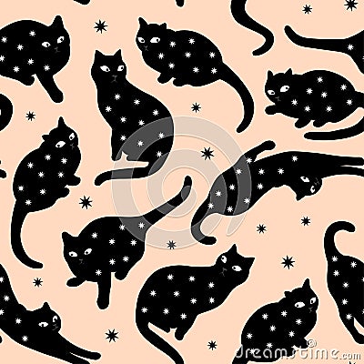 Vector Mysterious Black Cat Silhouette Seamless Pattern Vector Illustration