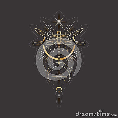 Vector mystic celestial sticker a with golden outline insect, stars and crescents. Black occult label with a dragonfly Vector Illustration