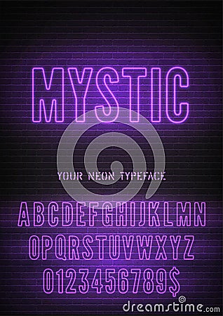 Vector Mystic night light sign and narrow purple neon hollow font with numbers on dark brick background Vector Illustration