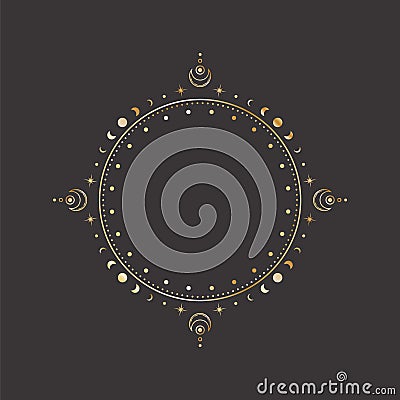 Vector mystical celestial round sticker with a golden frame with moon phases, stars, crescents and copy space Vector Illustration