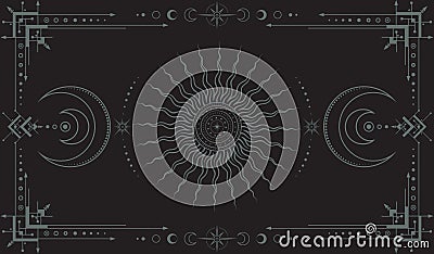 Vector mystical dark boho background with ornate outline geometric frame, moon phases, sun, crescents and stars Vector Illustration