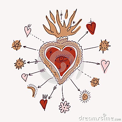 Vector mystical groovy vintage whimsical doodle sacred heart. Valentines love characters. Hand-drawn sketchy set, Jesus Vector Illustration