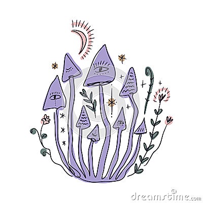 Vector mystical groovy whimsical doodle witchy mushroom family and celestial characters, esoteric objects. Hand-drawn Vector Illustration