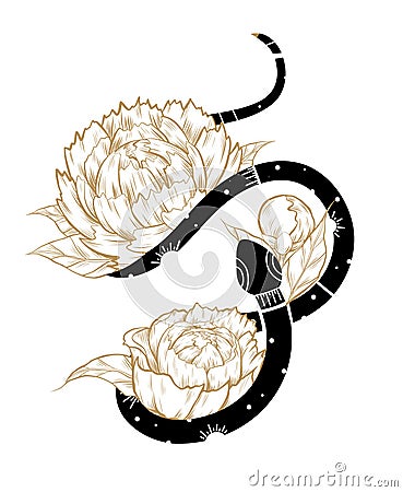 Vector mystical snake clipart with peonies. Black silhouette of a star ornamental serpents with flowers Vector Illustration