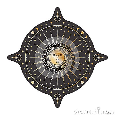 Vector mystical sticker with golden sun with a sleeping face, moon phases, stars and concentric circles Vector Illustration