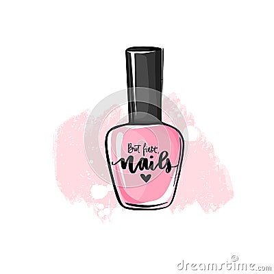 Vector nail polish bottle. Handwritten lettering about nails and manicure Vector Illustration