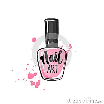 Vector nail polish bottle. Handwritten lettering about nails and manicure Vector Illustration