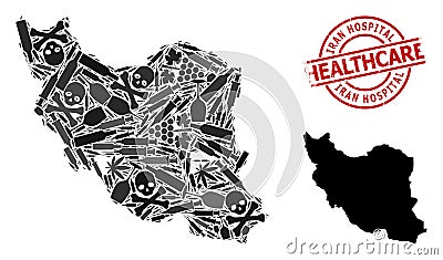 Drugs Collage Map of Iran and Rubber Healthcare Rubber Stamp Vector Illustration